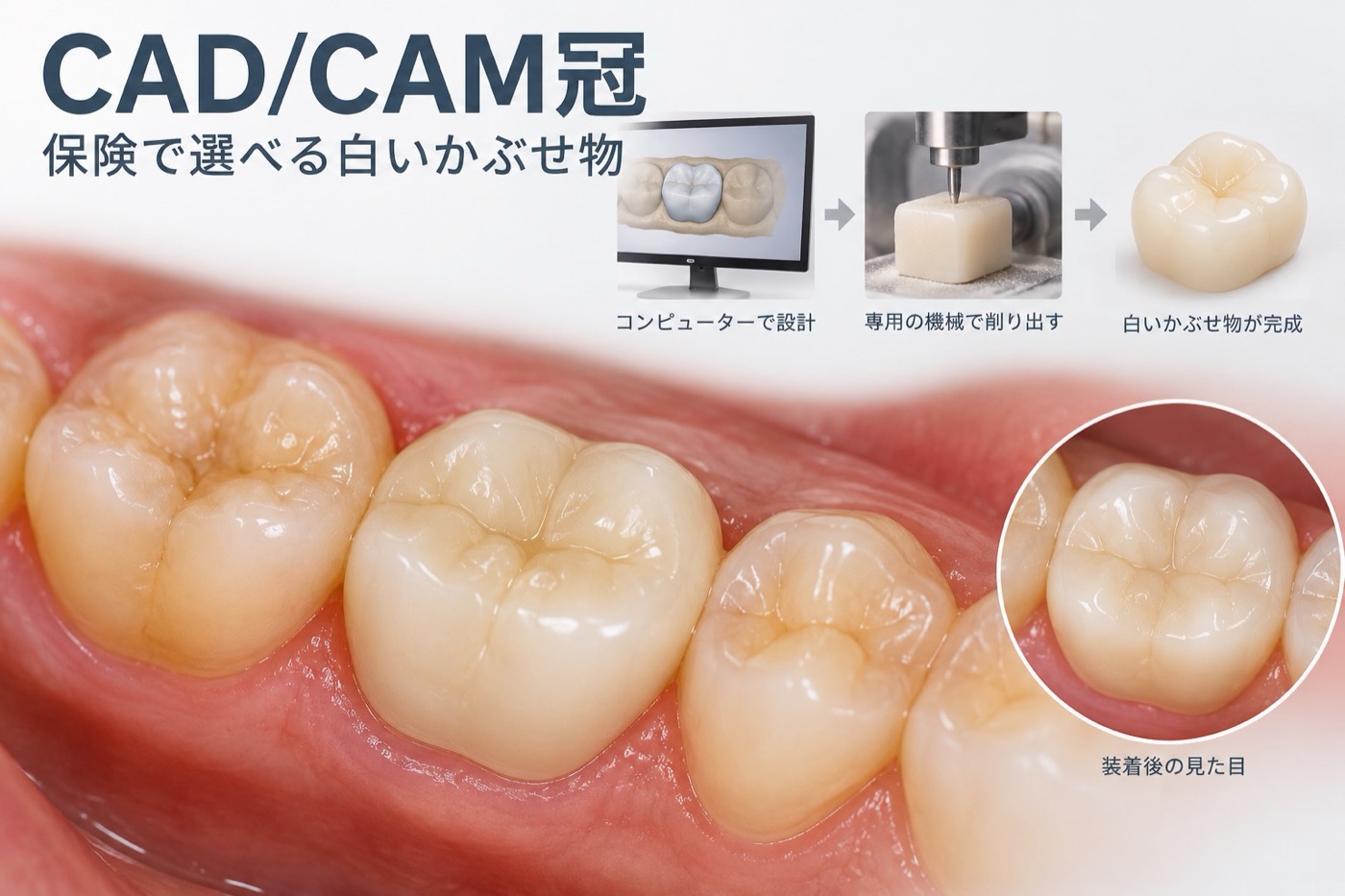 CAD/CAM冠の説明。コンピューターで設計し、専用の機械で削り出して白いかぶせ物が完成します